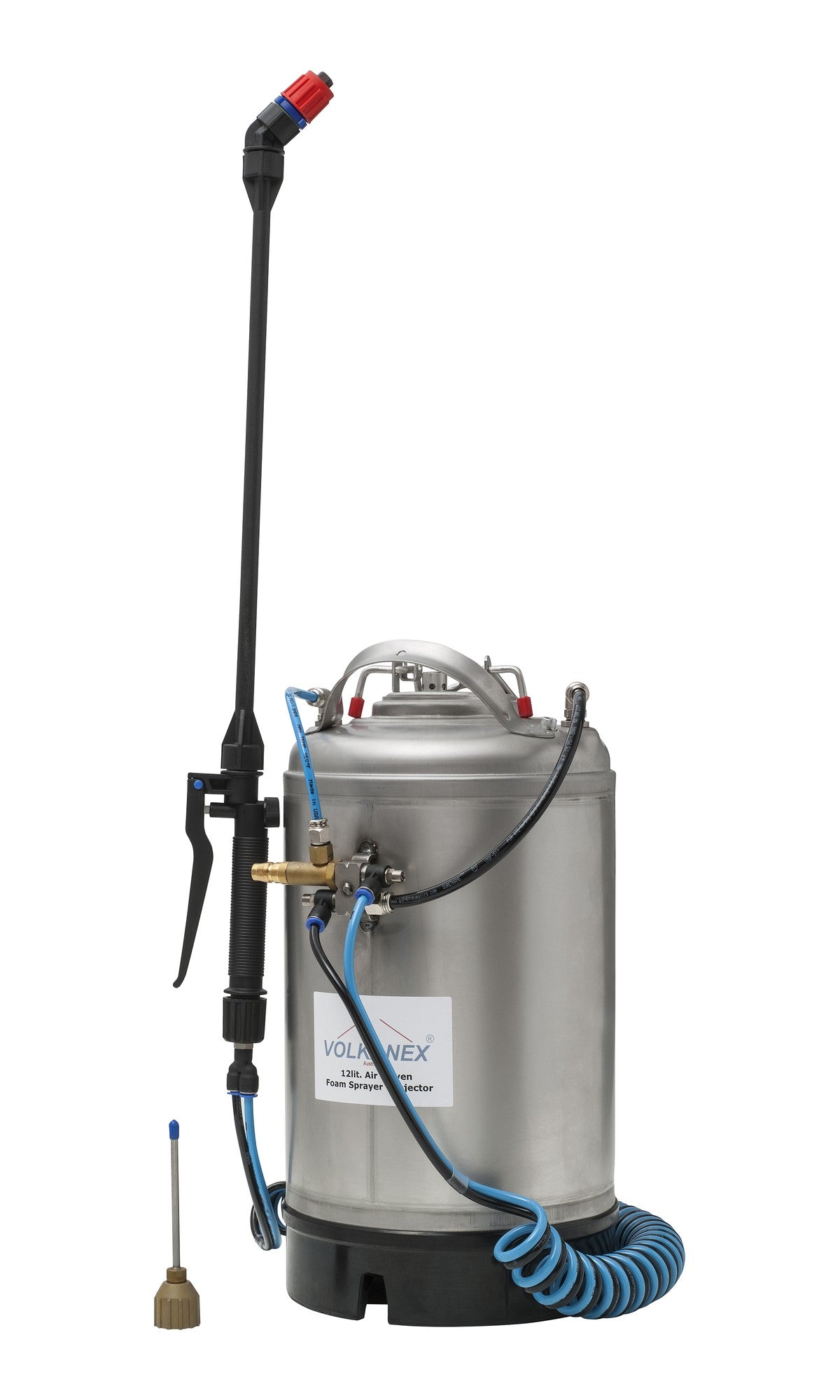 Volkanex 12.0L stainless steel air driven foam sprayer and injector with lance, injector tip and spiral air hose