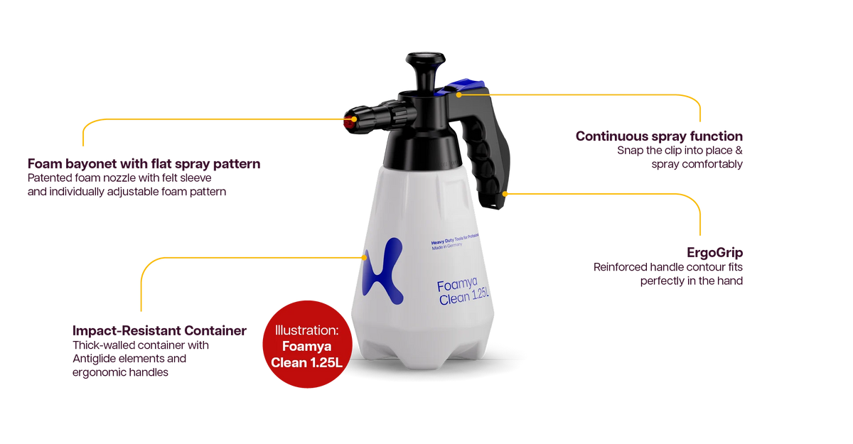 Klager Foamya Clean features: foam bayonet with flat spray pattern, continuous spray clip, ErgoGrip handle and impact-resistant container