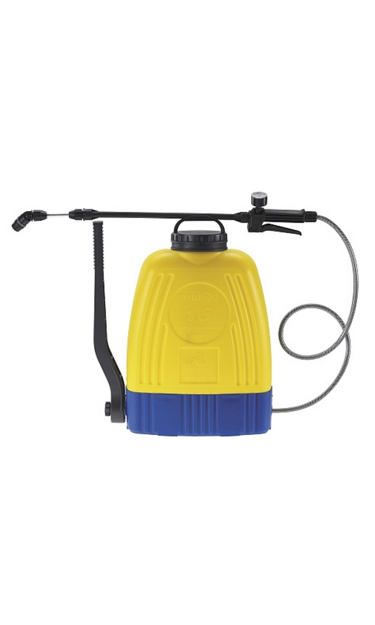 Di Martino 16.0L backpack sprayer for weed control, with yellow tank, pump lever, hose, pressure gauge and lance