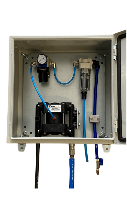 Flojet wall mount box sprayer with the door open, pump, regulator and hoses
