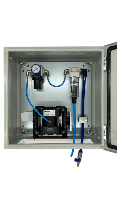 Flojet air driven wall mount sprayer, box model, open to show the double diaphragm pump and air regulator