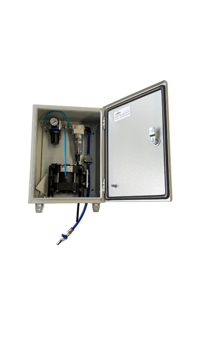 Flojet wall mount box sprayer with the door open and the spray hose fitted