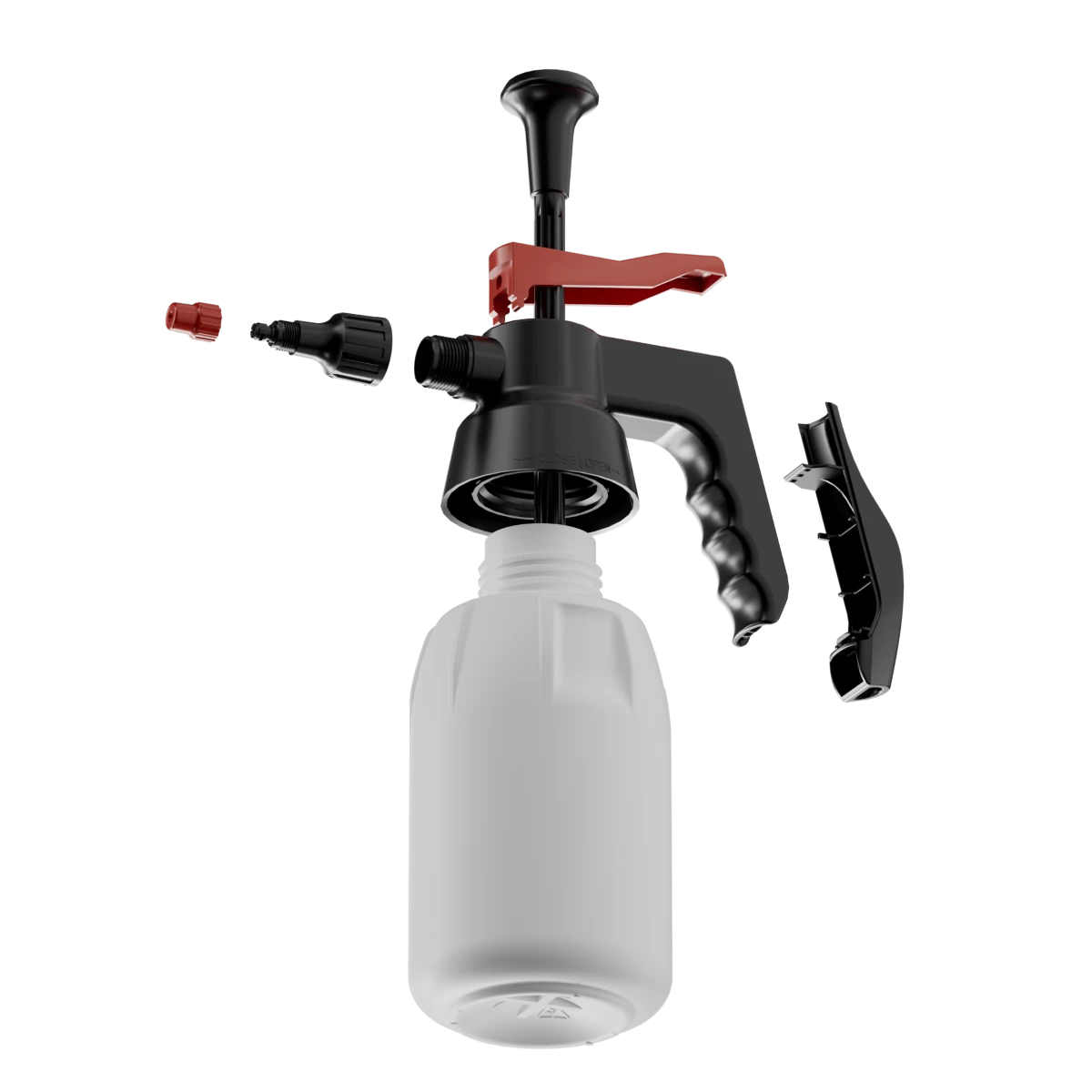 Klager pressure sprayer exploded view showing the replaceable nozzle, pump, clip and handle parts