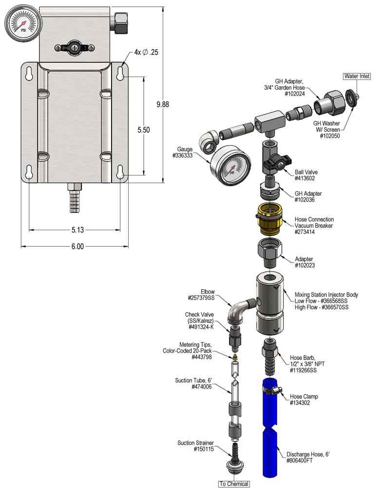 Lafferty 985100SS 1-Way ball valve stainless steel mixing station, parts diagram