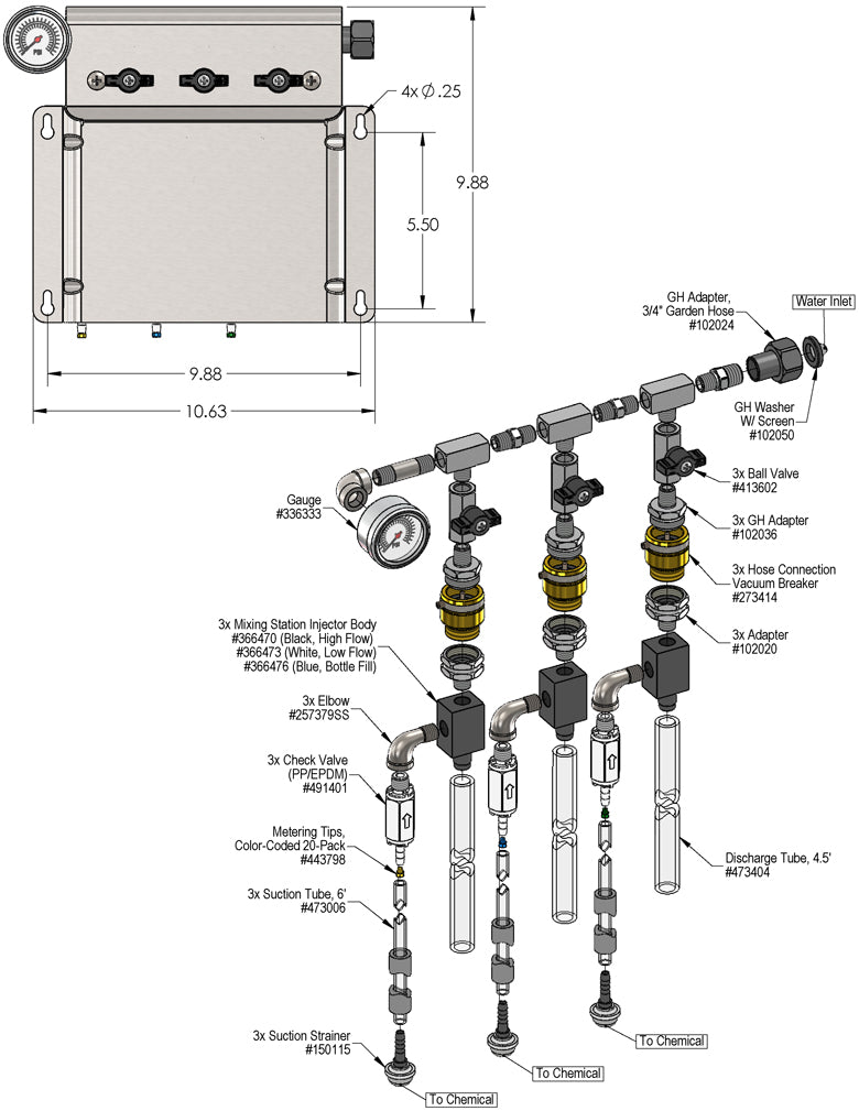 Lafferty 985300 3-Way ball valve chemical mixing station, parts diagram