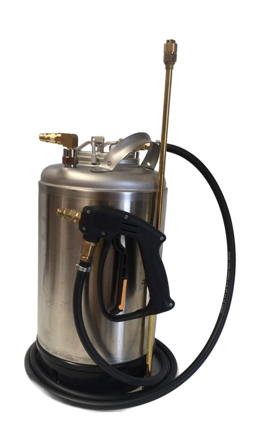 Volkanex 12.0L air driven atomising sprayer showing the RL16 spray gun, air inlet and brass lance
